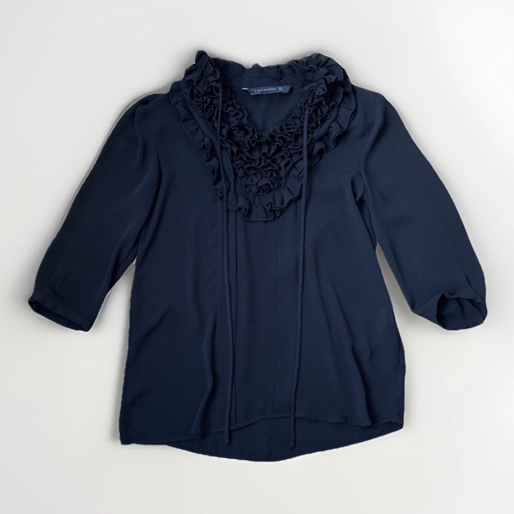 Zara Women black ruffle and tie blouse